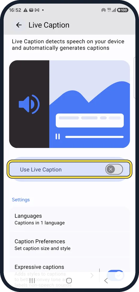 Android screenshot: Switch on Use Live Caption