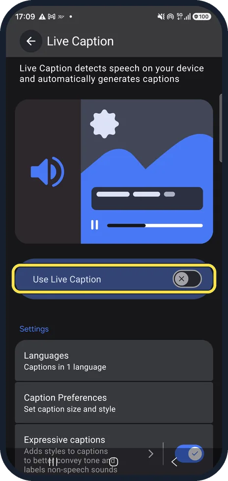 Android screenshot: Switch on Use Live Caption