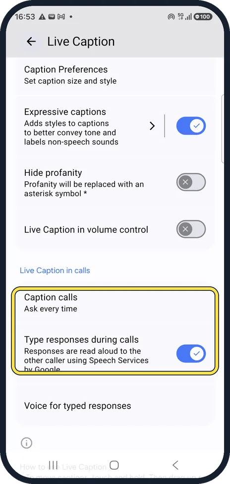 Android screenshot: Caption phone calls
