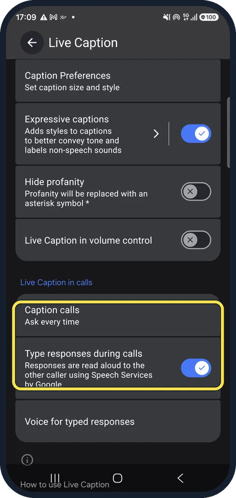 Android screenshot: Caption phone calls