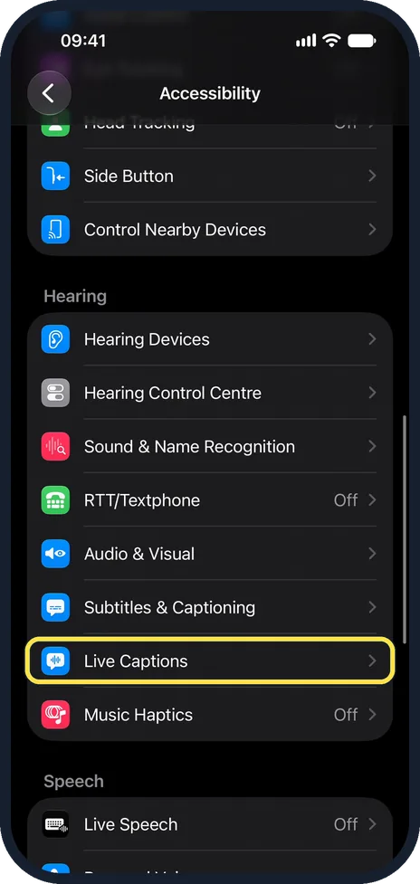 iPhone screen: Tap Live Captions