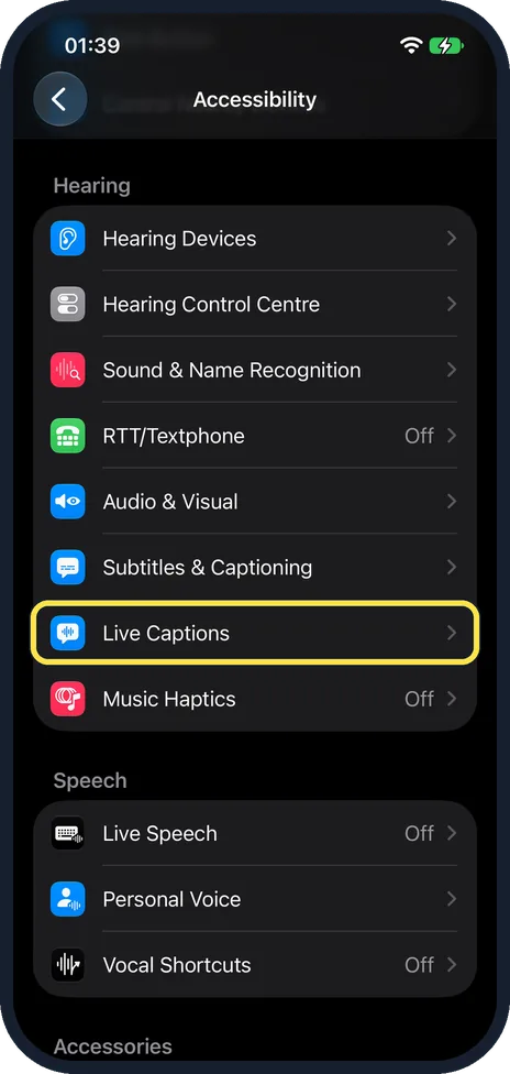 iPhone screen: Tap Live Captions