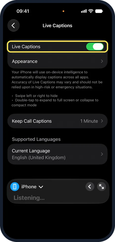 iPhone screen: Switch on Live Captions