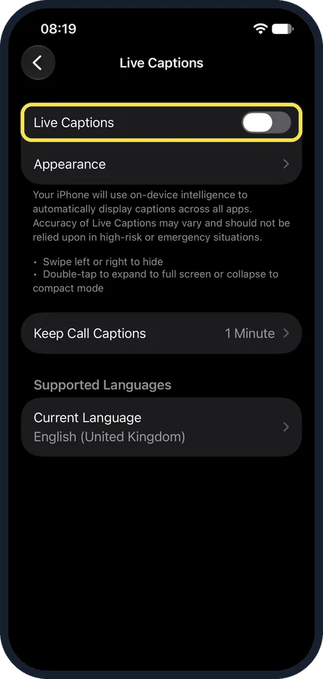 iPhone screen: Switch on Live Captions