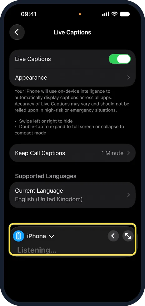 iPhone screen: Use the caption panel