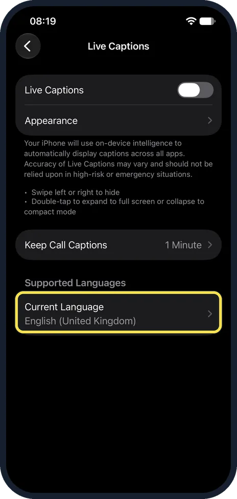 iPhone screen: Check the language