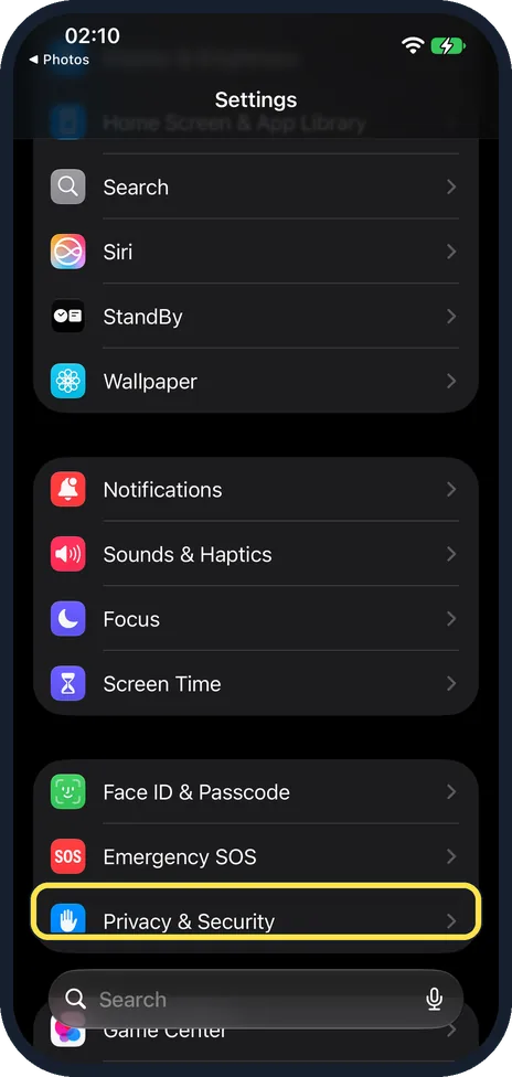 iPhone screen: Open Settings and tap Privacy & Security