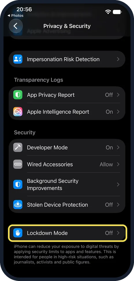 iPhone screen: Scroll down and tap Lockdown Mode