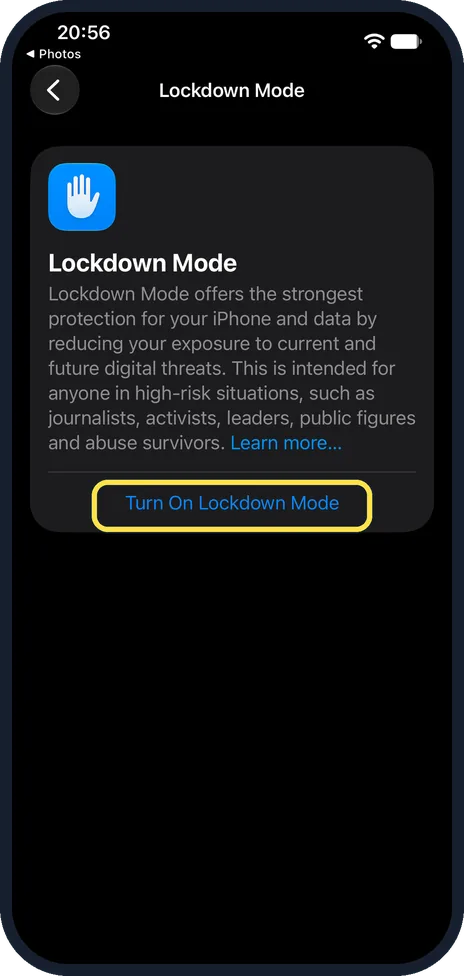 iPhone screen: Tap Turn On Lockdown Mode