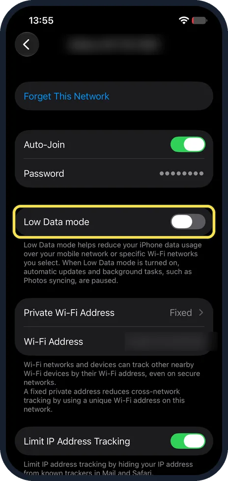 iPhone screen: Find Low Data mode