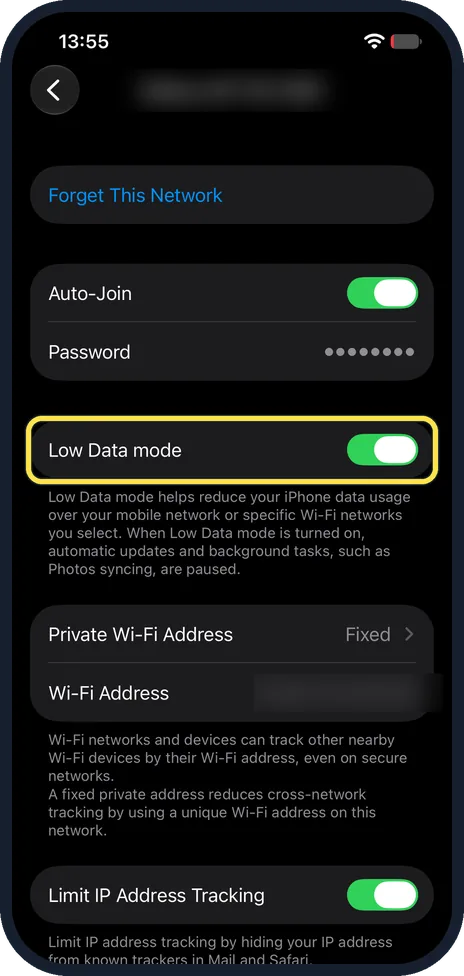 iPhone screen: Turn on Low Data mode