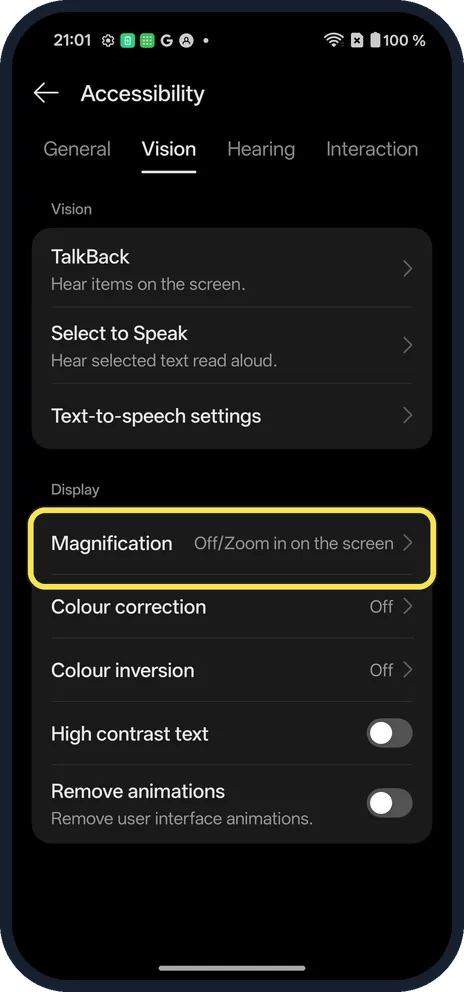 Android screenshot: Open Magnification