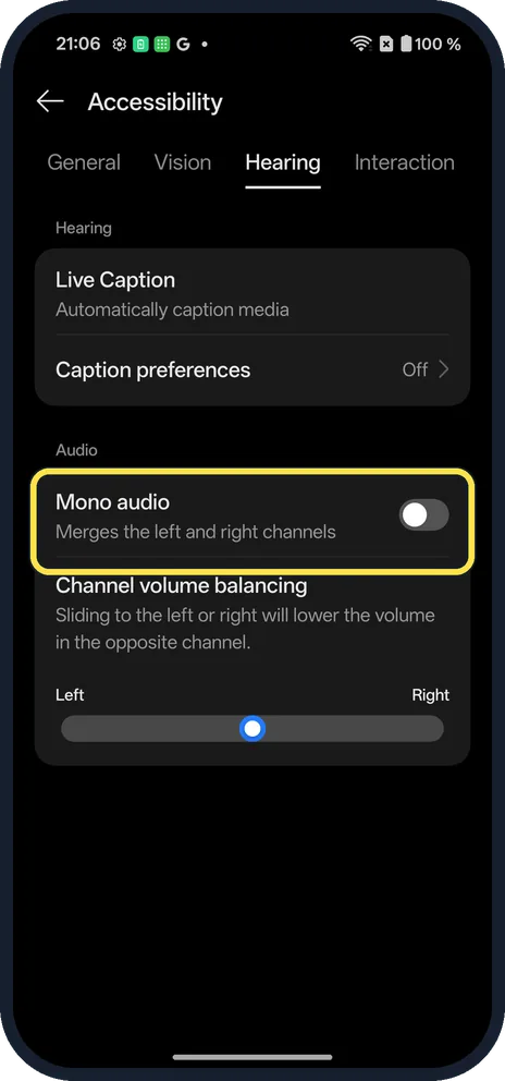 Android screenshot: Switch on Mono audio