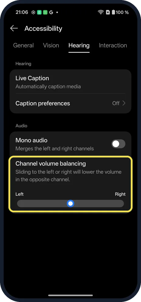 Android screenshot: Balance left and right