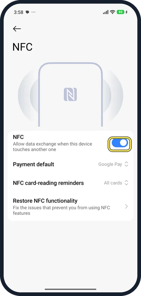 Android screenshot: Turn on NFC