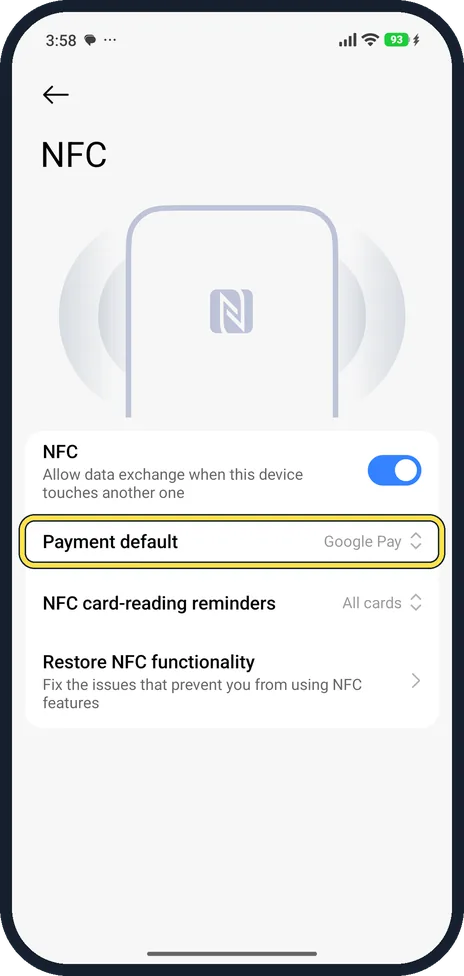 Android screenshot: Tap Payment default