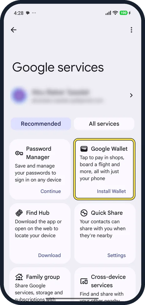 Android screenshot: Install a wallet app and add a card