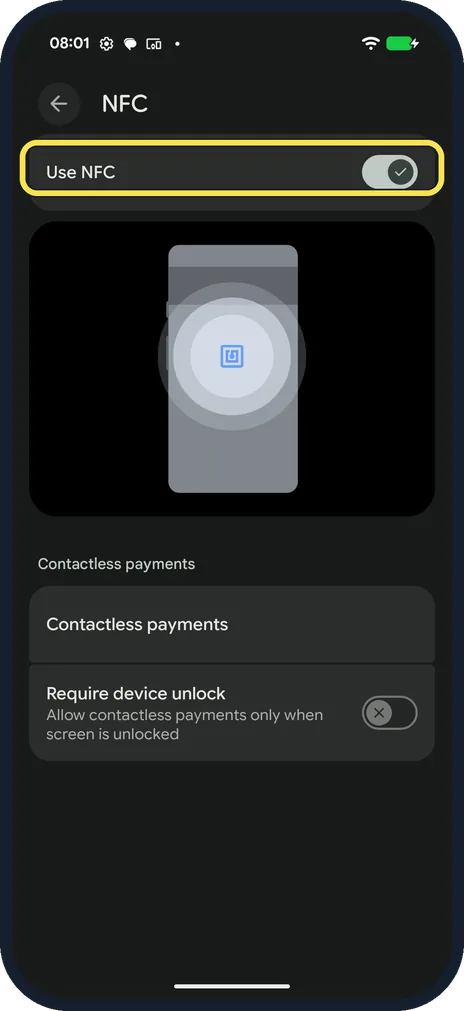 Android screenshot: Turn on Use NFC