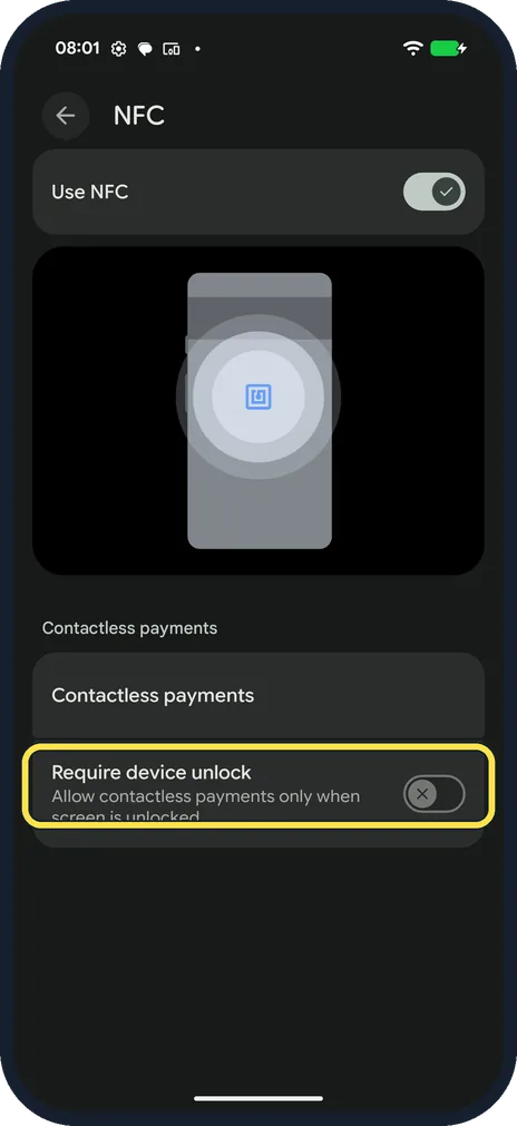 Android screenshot: Check Require device unlock