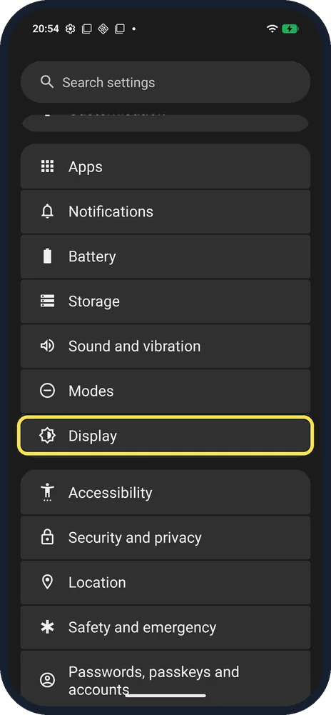 Android screenshot: Open Display