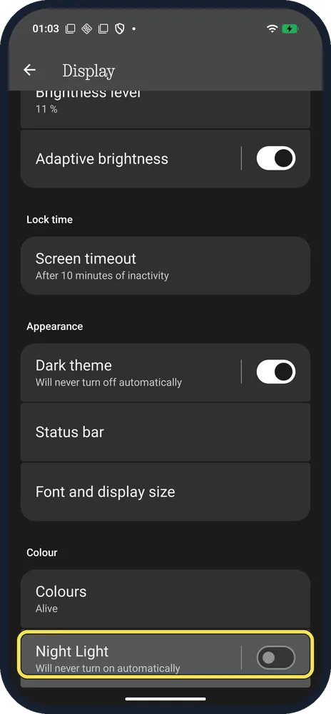Android screenshot: Tap Night Light