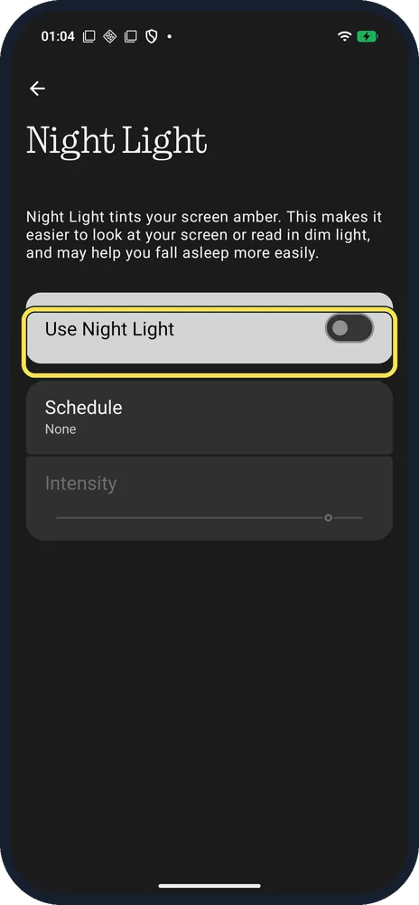 Android screenshot: Turn on Use Night Light