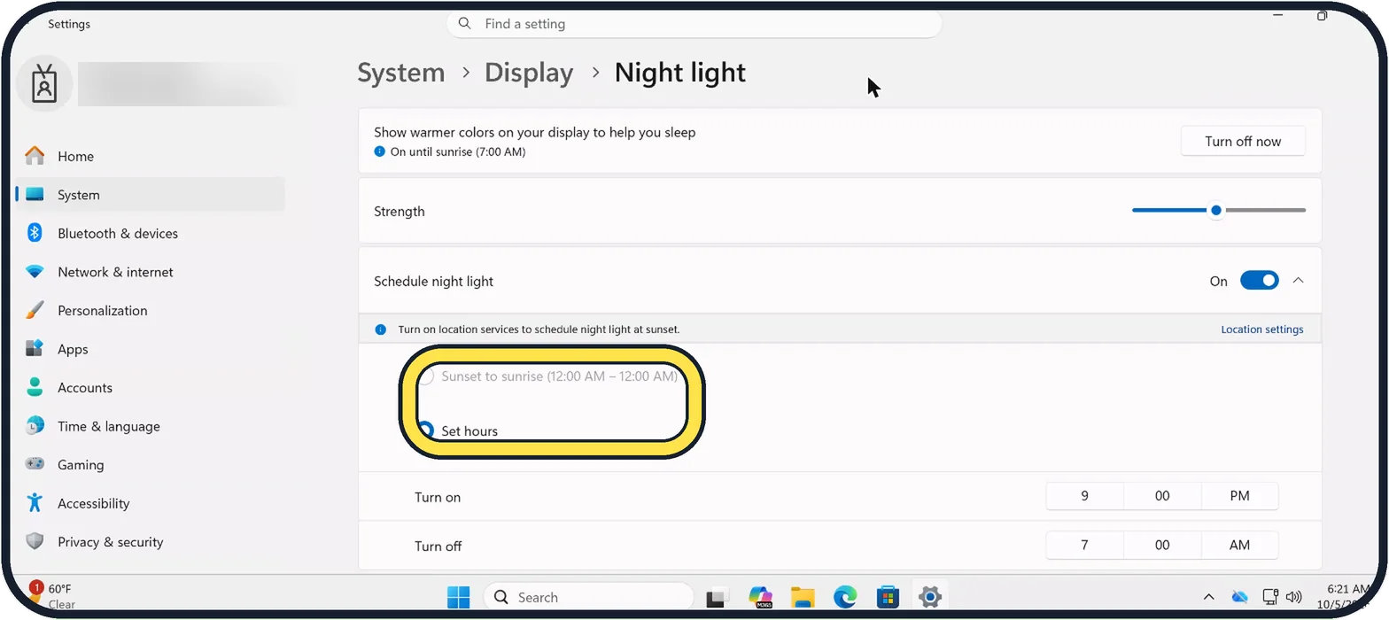 Windows screenshot: Set a schedule