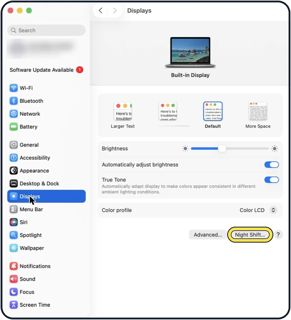 Mac screenshot: Click Night Shift