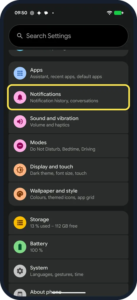 Android screenshot: Open Notifications