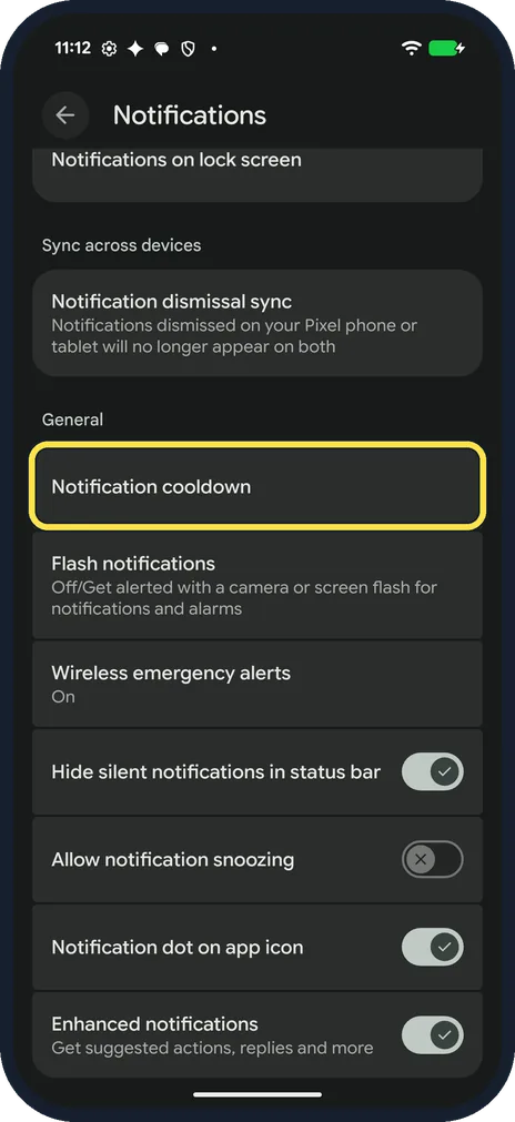 Android screenshot: Tap Notification cooldown