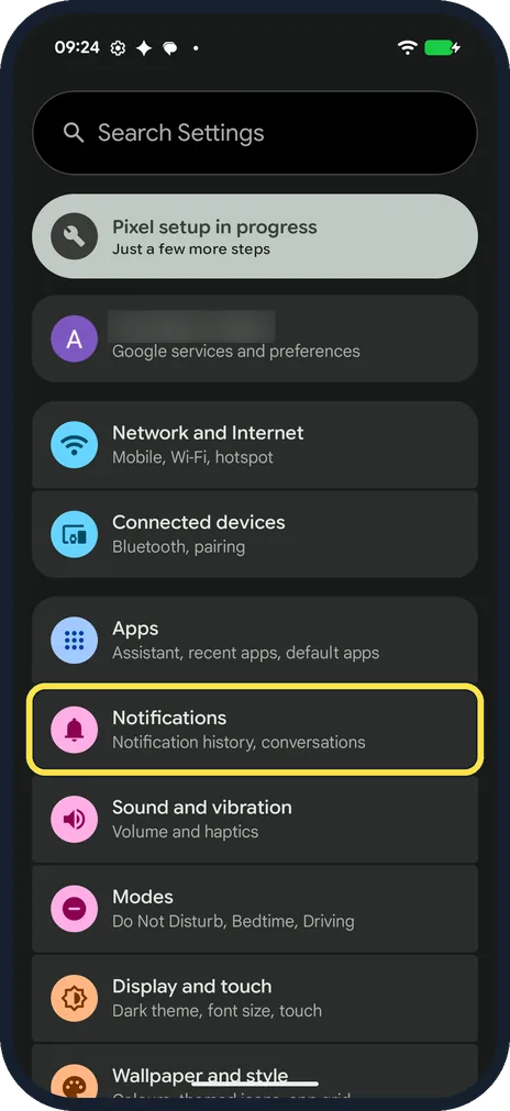 Screenshot from the guide: How to turn on notification snoozing and dots on a Google Pixel (Android 17)