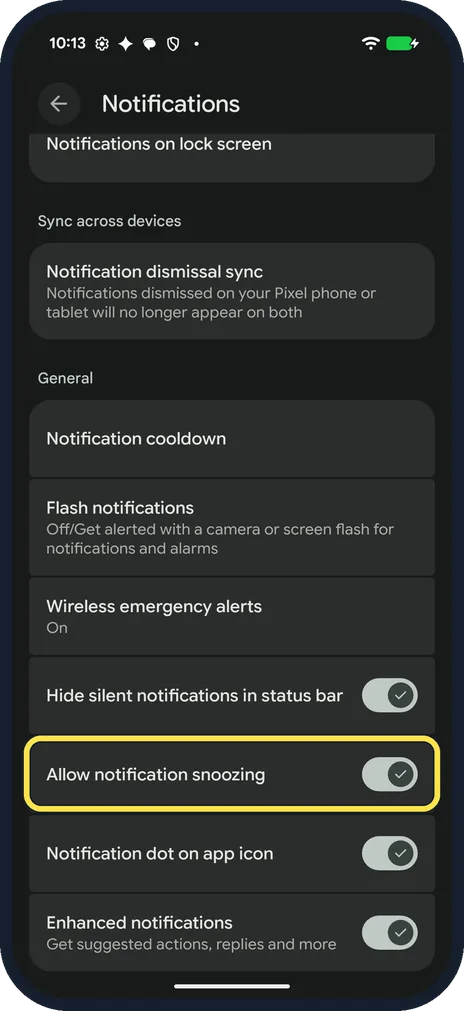 Android screenshot: Turn on Allow notification snoozing