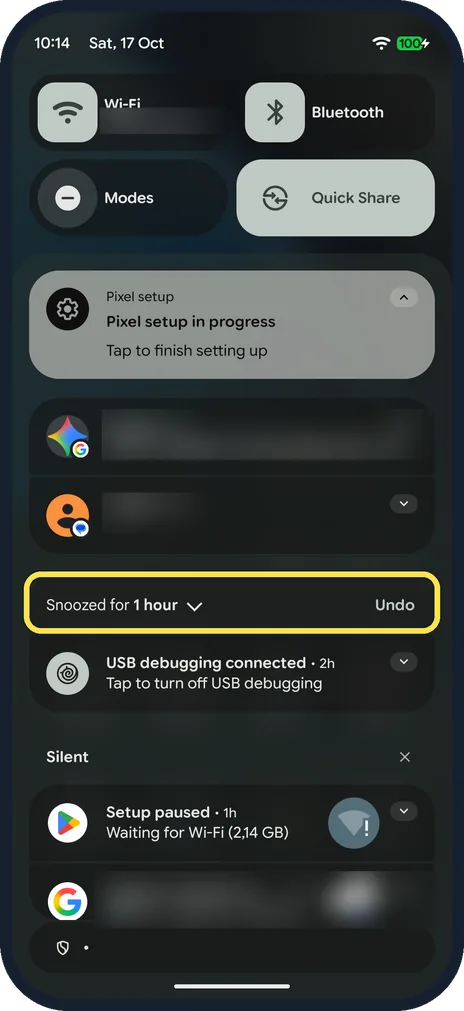 Android screenshot: It snoozes for 1 hour