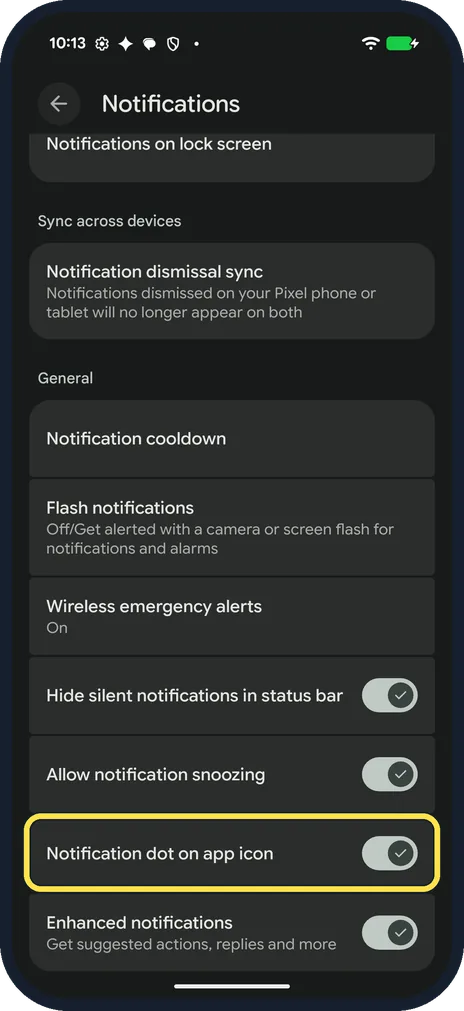 Android screenshot: Notification dot on app icon
