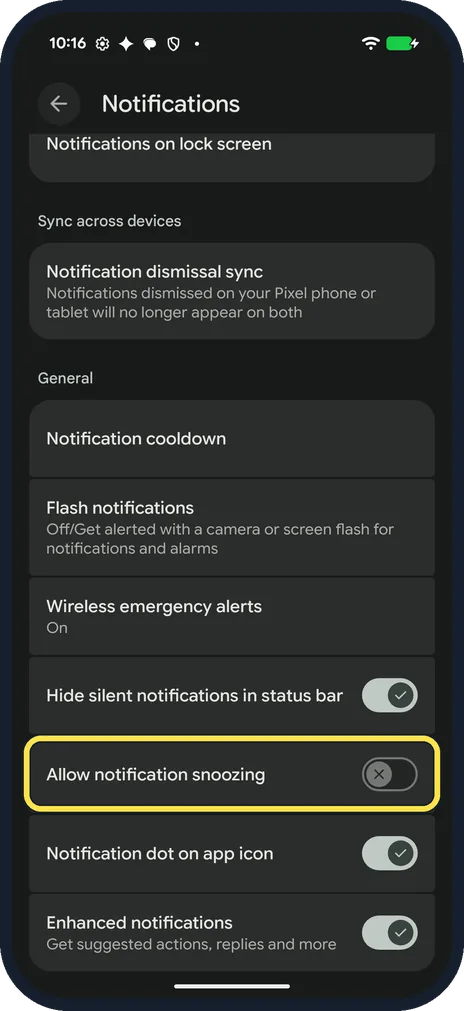 Android screenshot: To turn snoozing off