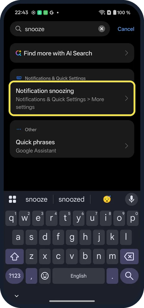 Android screenshot: Search for snooze