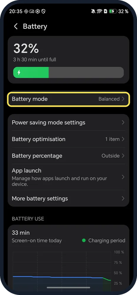 Android screenshot: Tap Battery mode