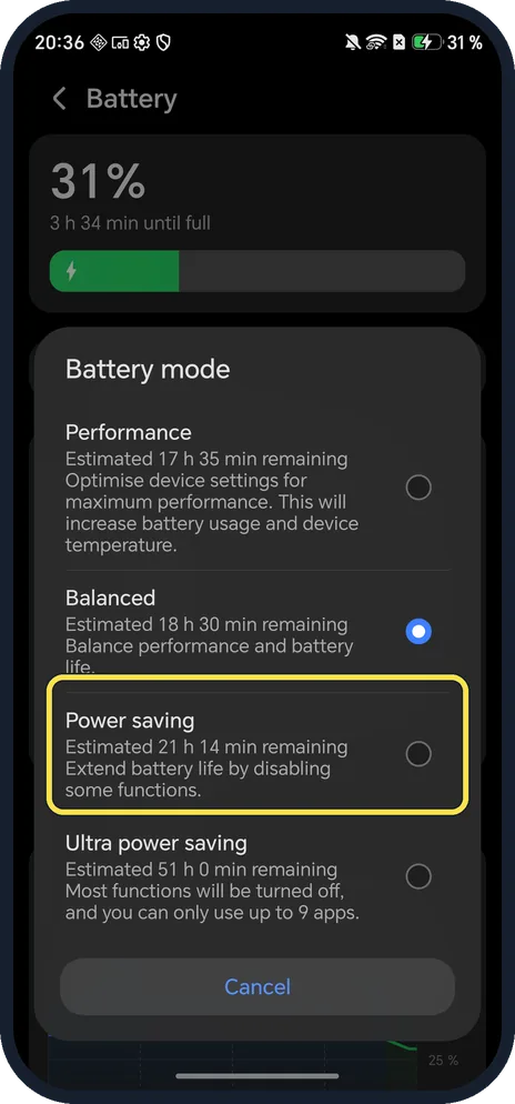 Android screenshot: Choose Power saving