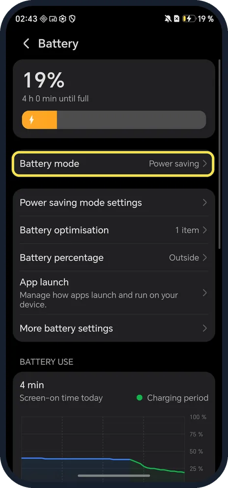 Android screenshot: Check the Battery page