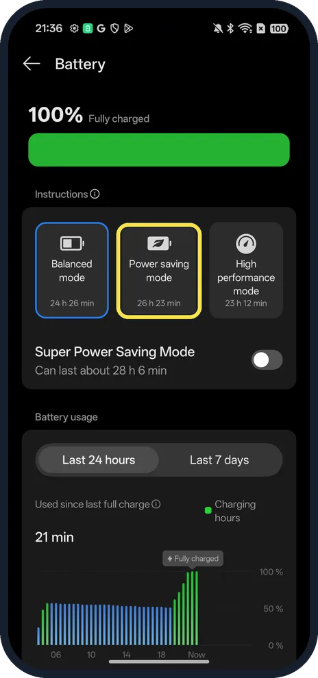 Android screenshot: Tap Power saving mode