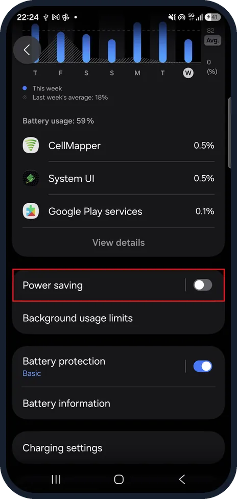 Android screenshot: Open Battery settings