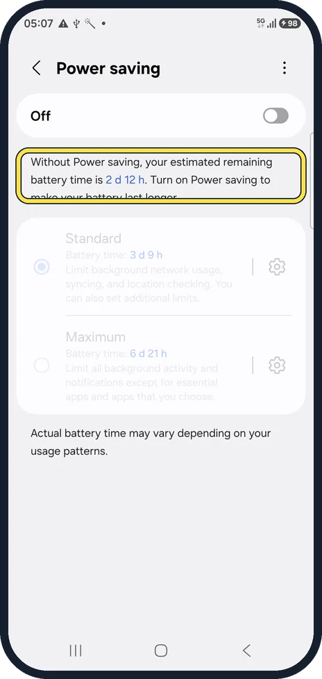 Android screenshot: Open Power saving