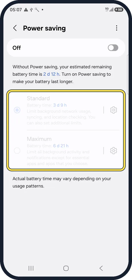 Android screenshot: Choose Standard or Maximum