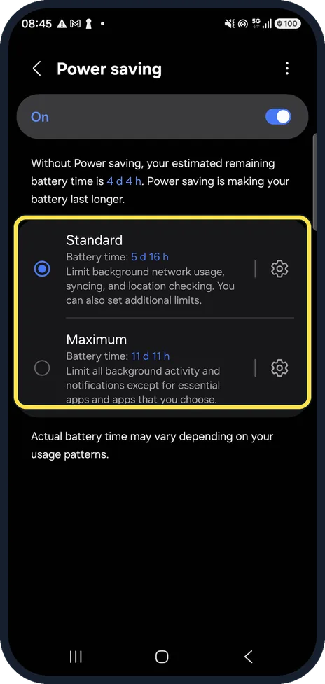 Android screenshot: Pick Standard or Maximum