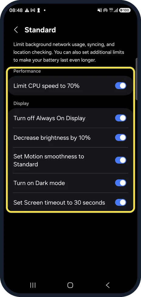 Android screenshot: Check what Standard changes