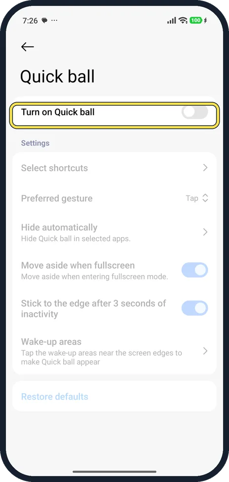 Android screenshot: Turn on Quick ball