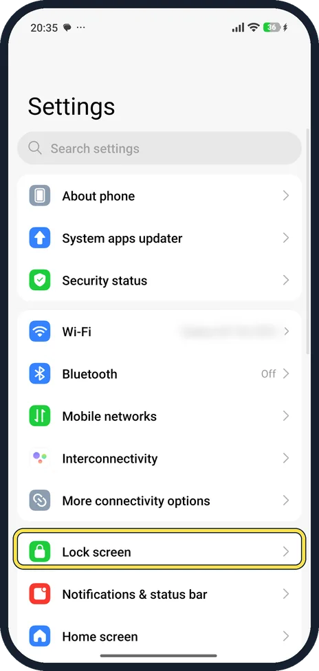 Android screenshot: Open Lock screen