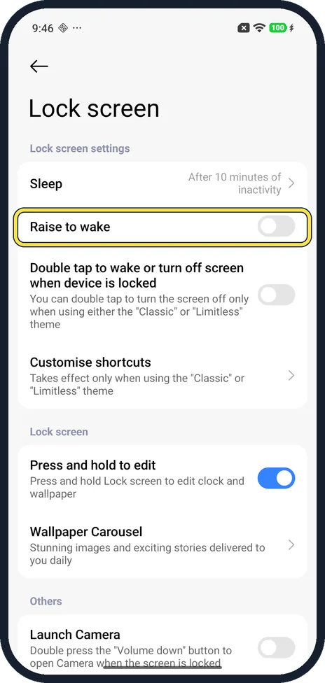 Android screenshot: Find Raise to wake