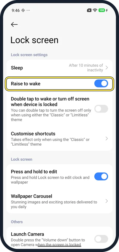 Android screenshot: Turn on Raise to wake