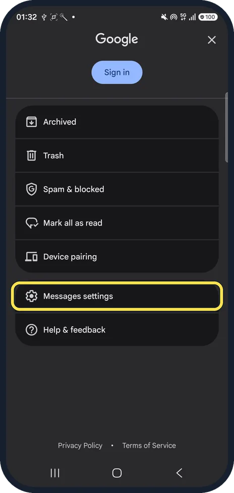 Android screenshot: Open Messages settings